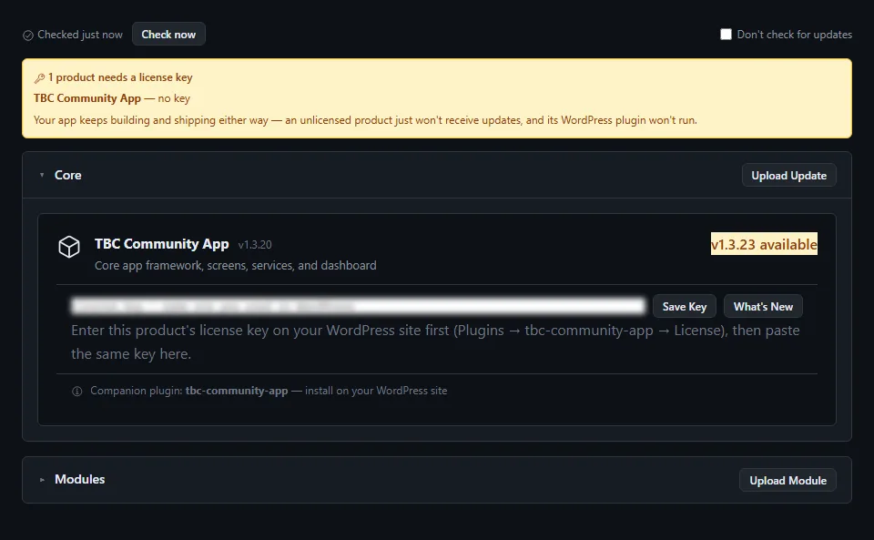 The Updates tab, showing the installed core version against the latest