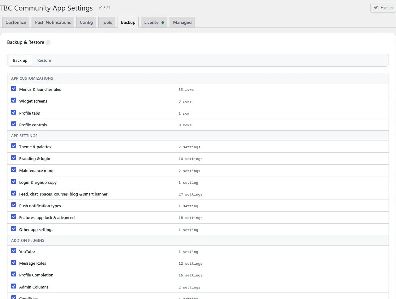 The Backup and Restore screen, listing the groups of settings a snapshot will carry