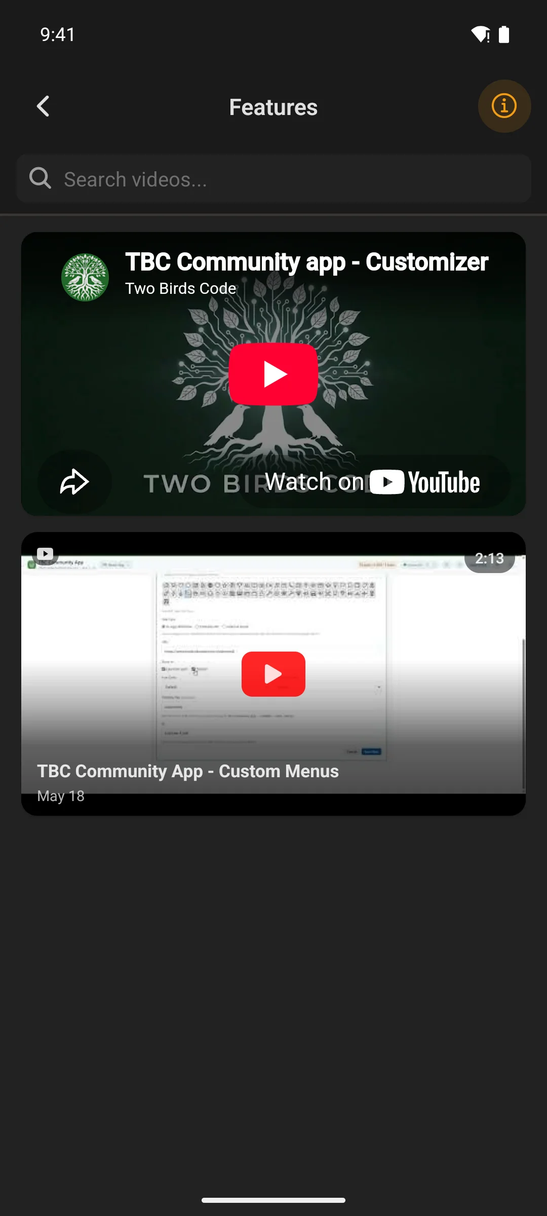 a video on its own screen in the app