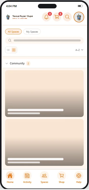 The spaces screen as members see it, on a phone