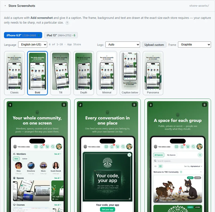 The Store Screenshots card, listing the sizes each store requires