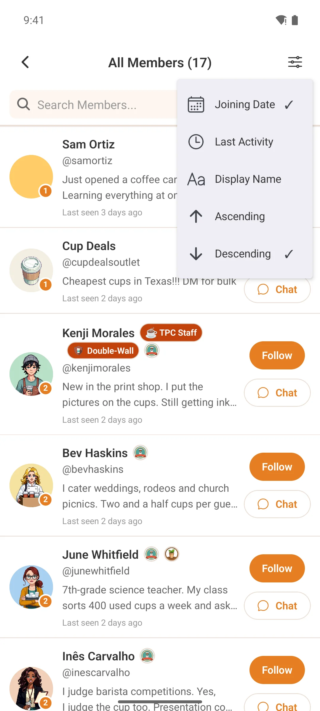 Sorting and filtering the member directory on a phone