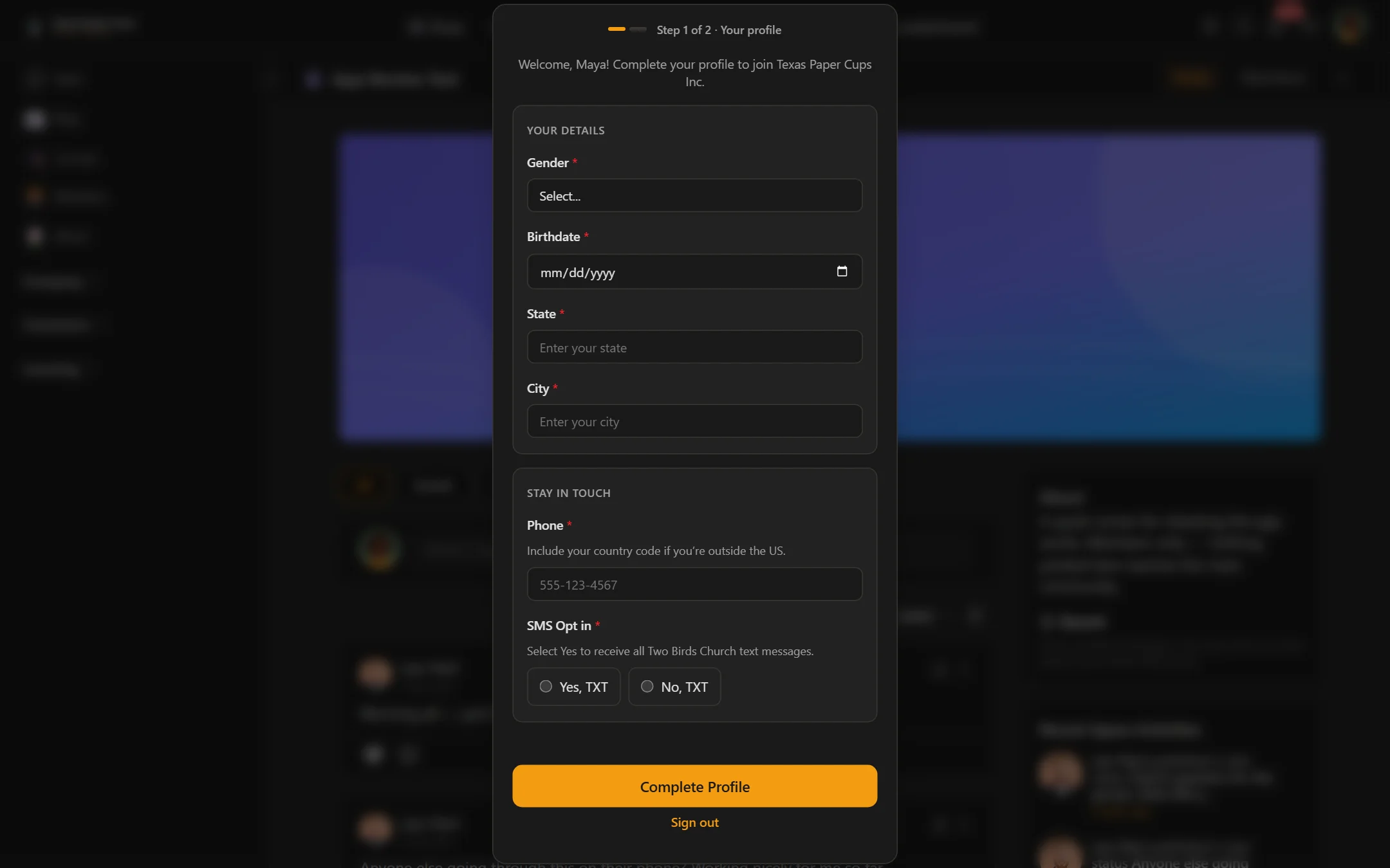 The Profile Completion overlay on the community website, over a blurred community page