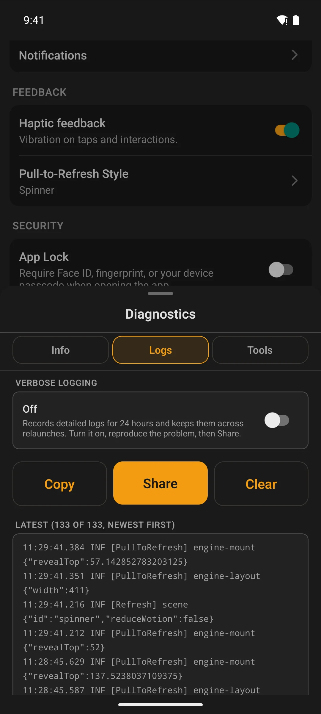 The diagnostics screen on a phone