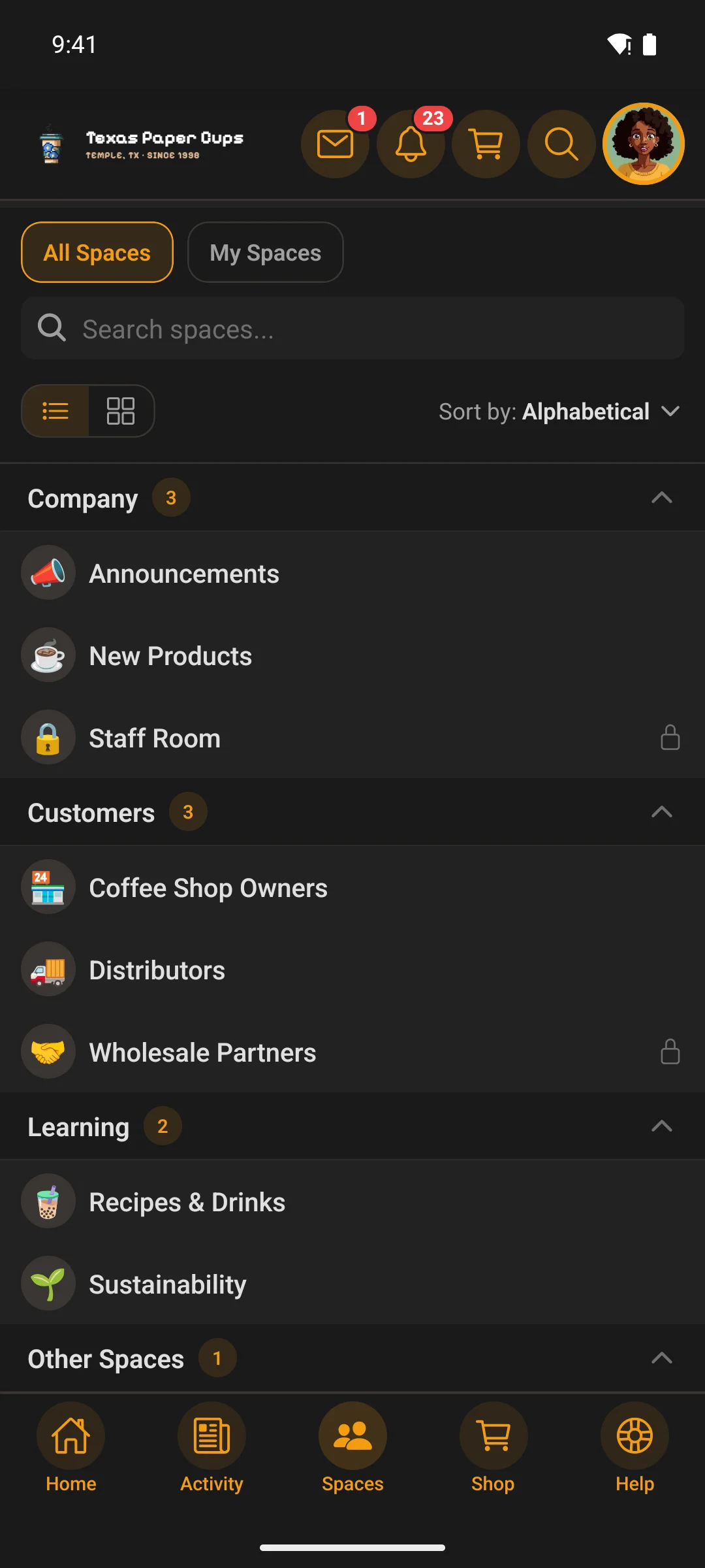 The spaces browser in list view on a phone