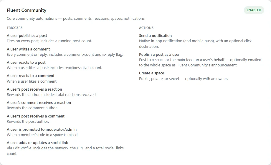 the Fluent Community card, its triggers beside its actions