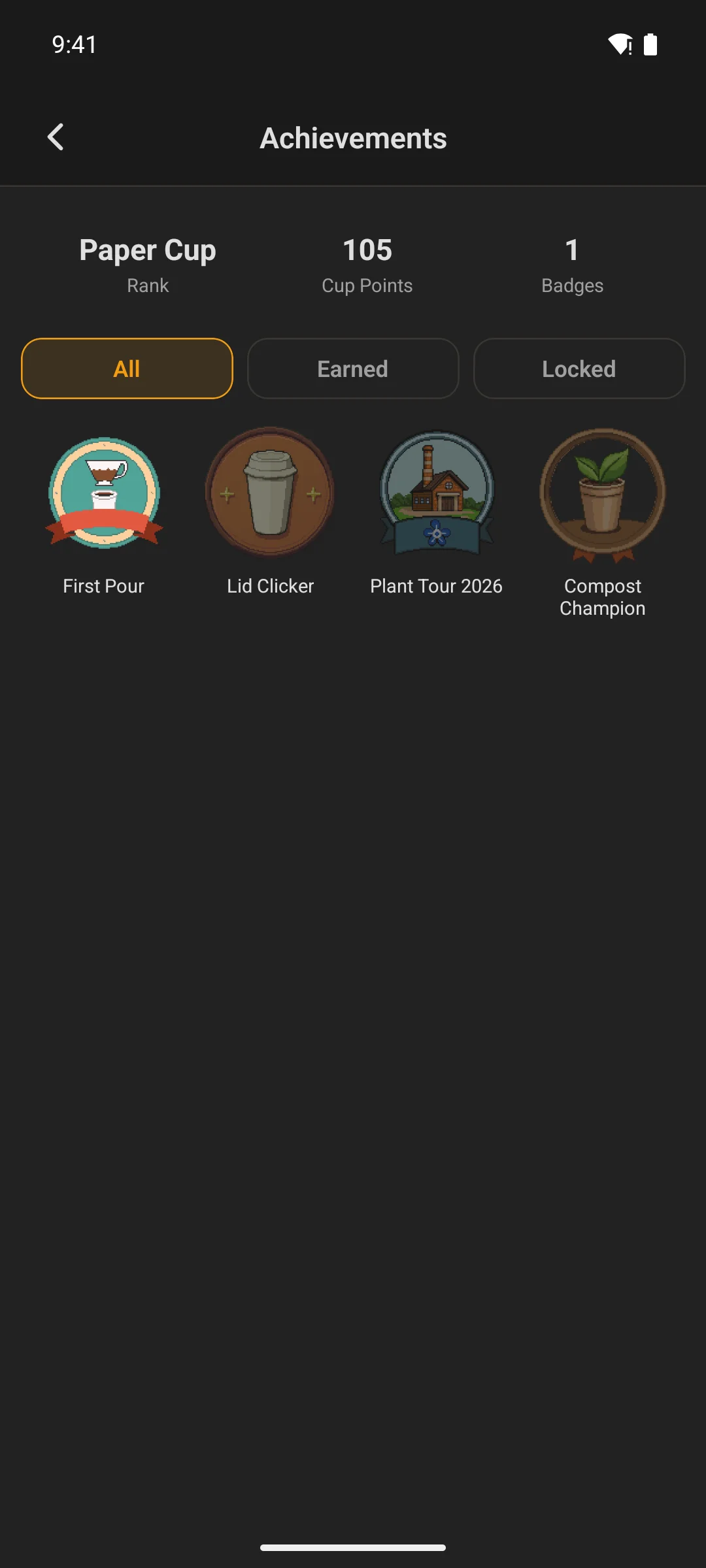 The achievements screen, showing earned badges