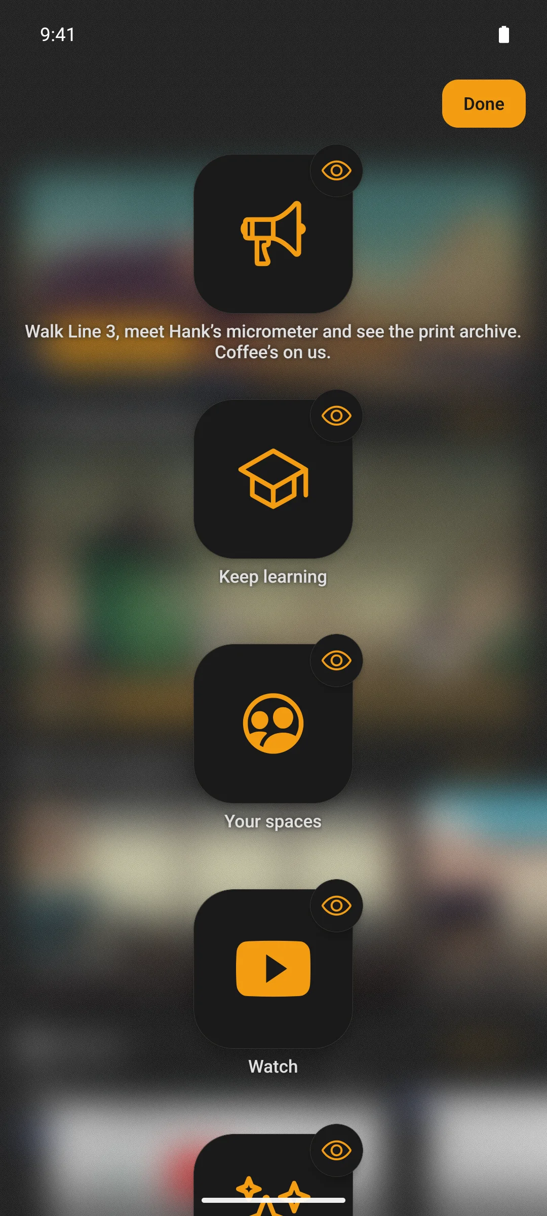 The home screen's widgets as app icons over the blurred page, ready to drag or hide