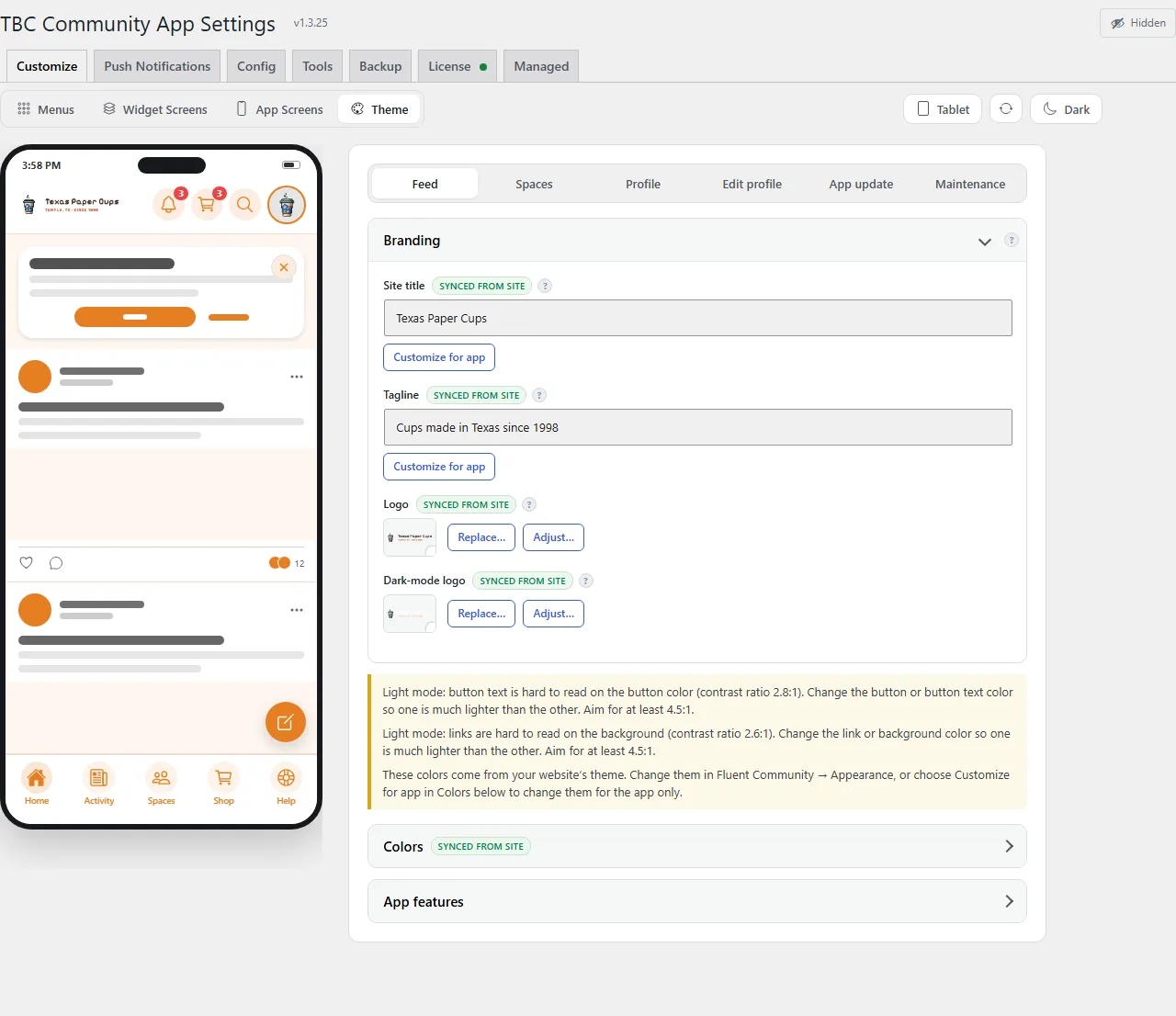 The Theme sub-tab, with the colour fields and preset row beside the live phone preview