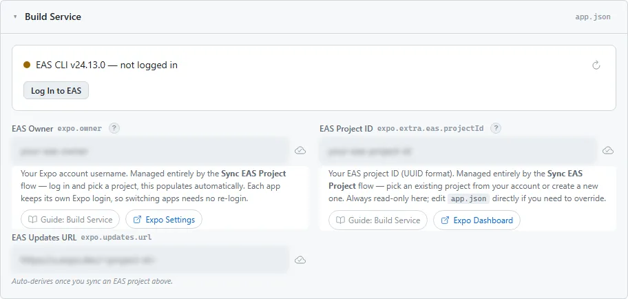 The Build Service card, showing the CLI status and the linked project