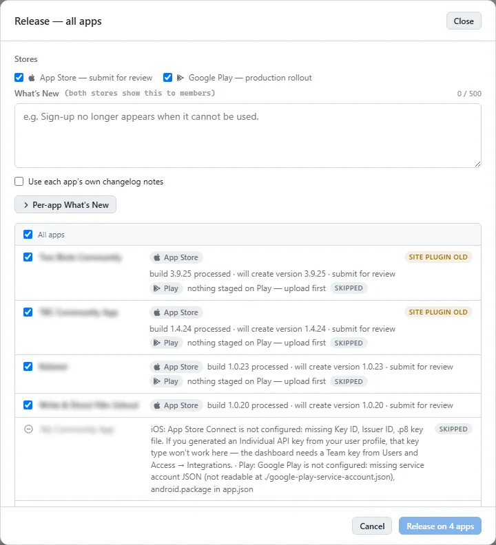 The fleet Release dialog, with the bump, build, submit and release-notes steps