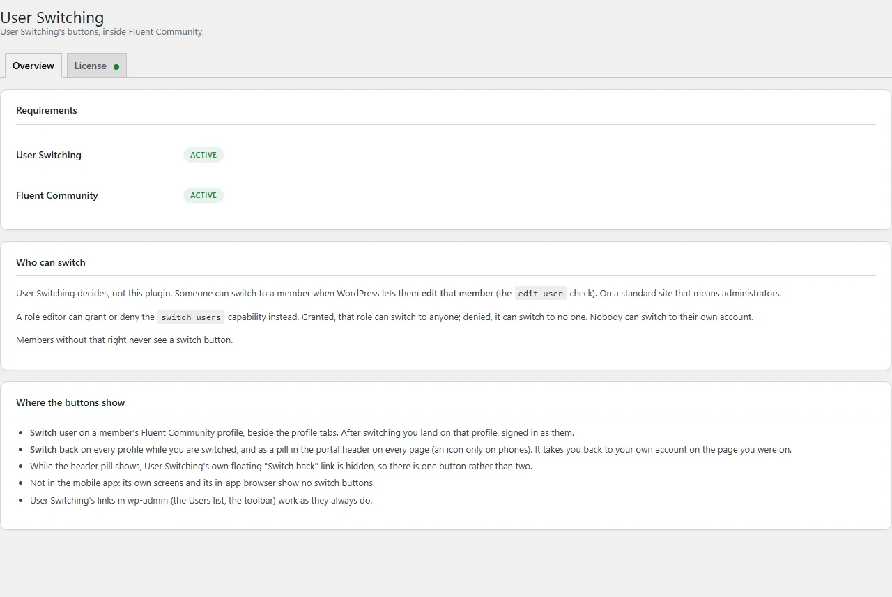 The User Switching overview page in WordPress admin