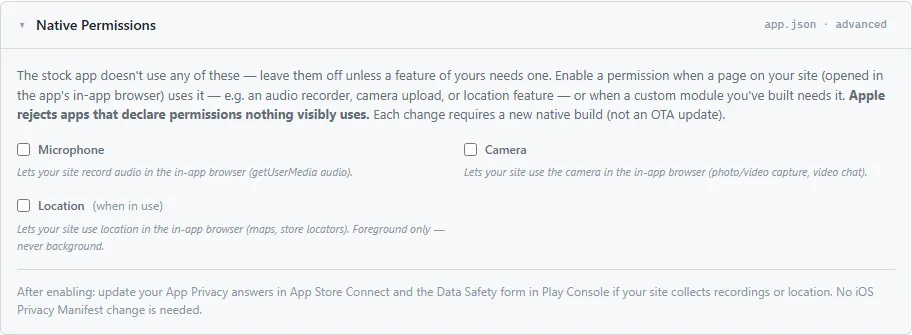 The Native Permissions card, with the microphone, camera and location switches