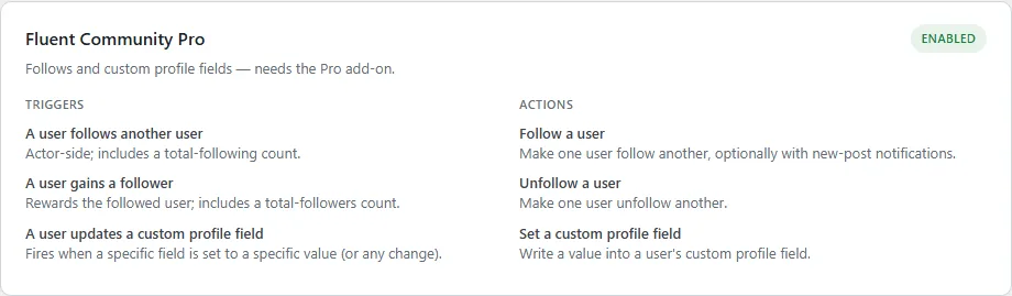 the Fluent Community Pro card, its course triggers and actions