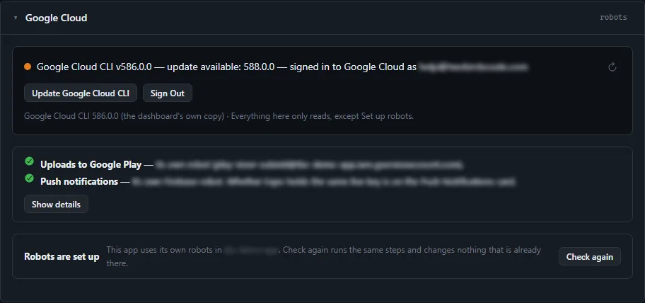 The Google Cloud card, answering which robot uploads, pushes and checks purchases