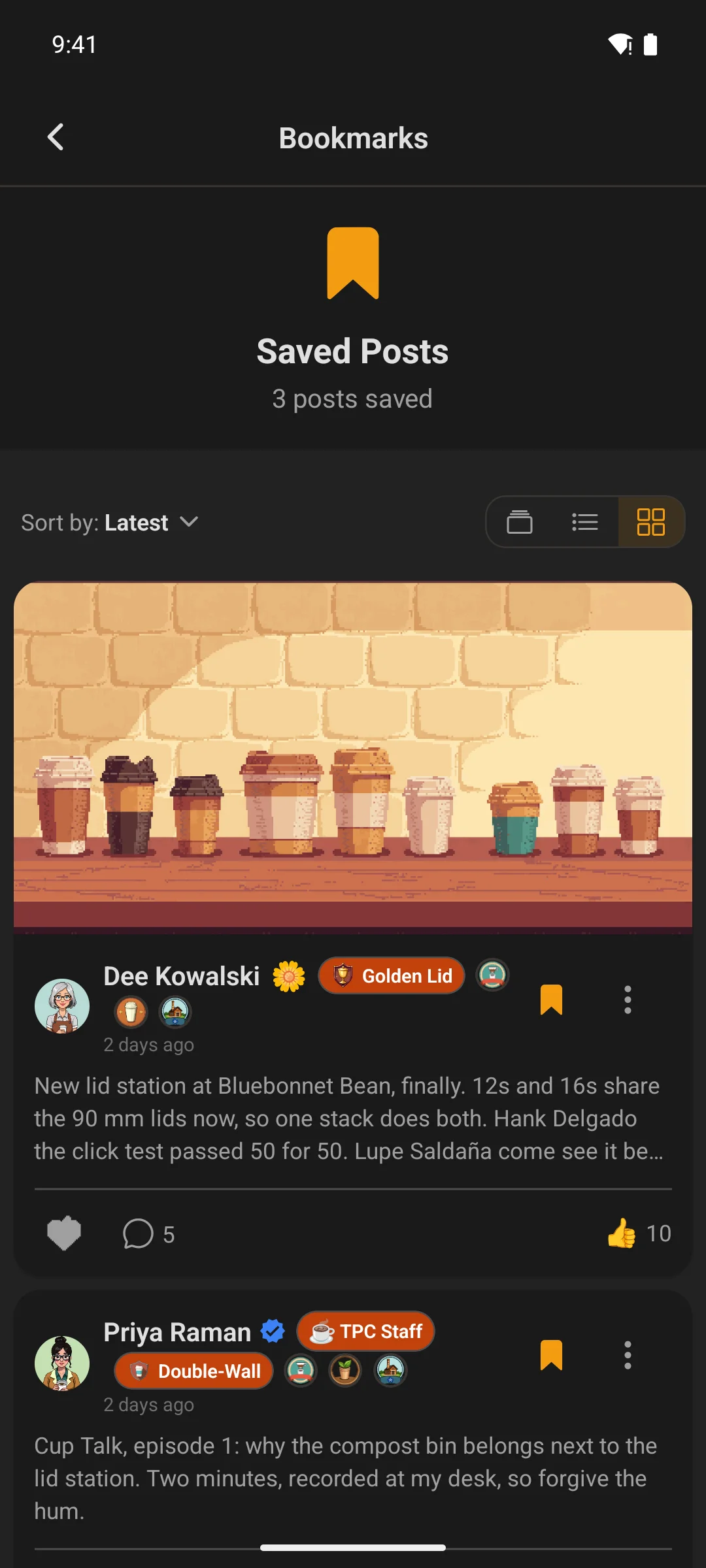 The saved-posts list on a phone
