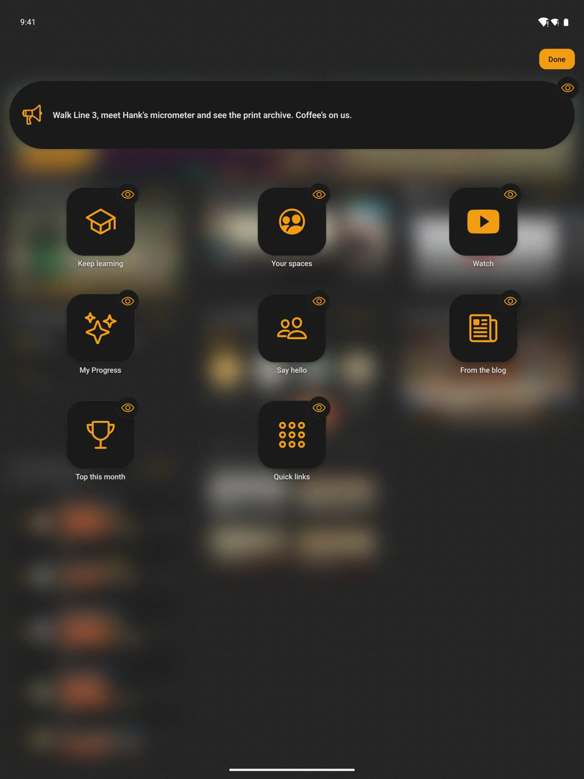 The arrange map on a tablet, its icons in the same columns as the widgets behind