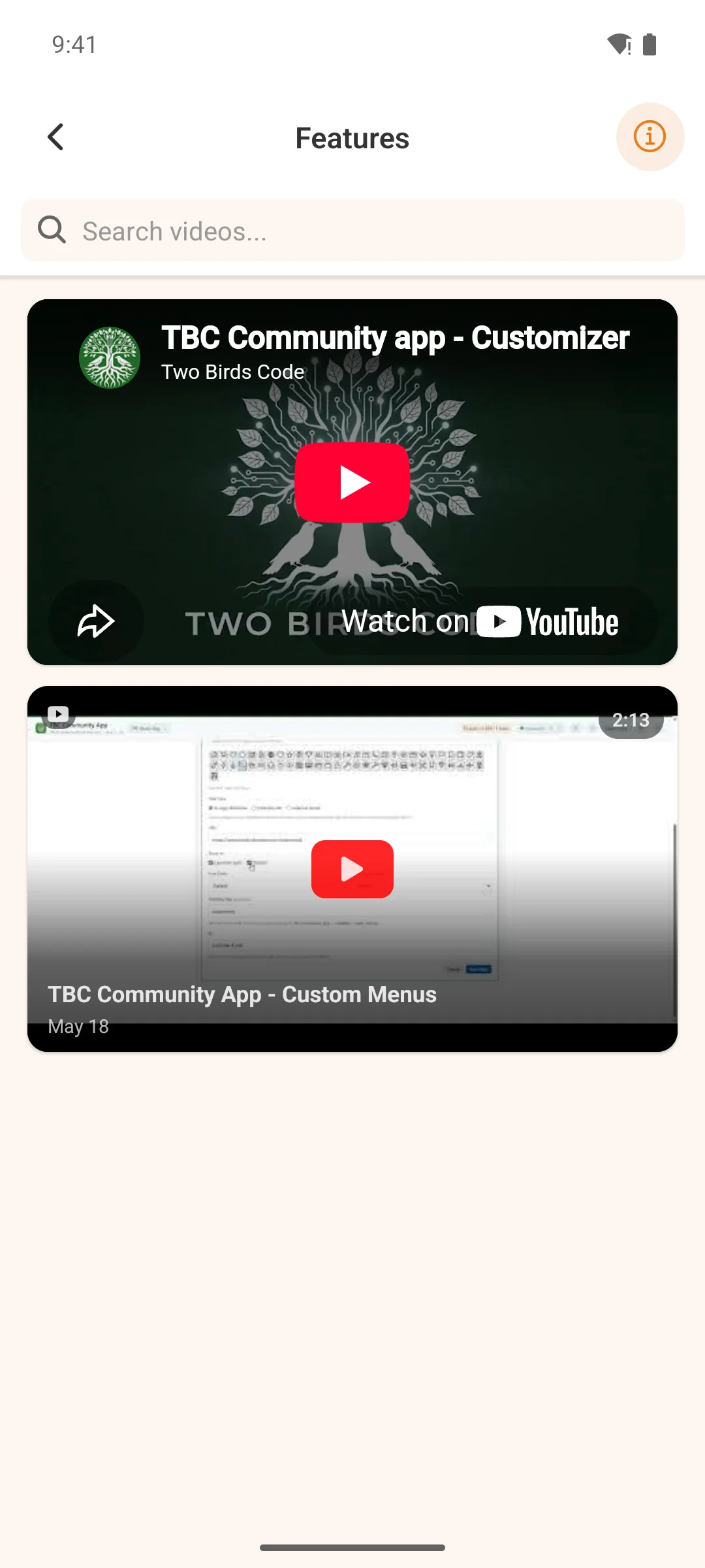 a video on its own screen in the app