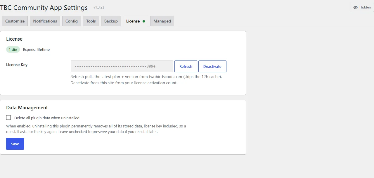 The License tab, with the key masked to its last four characters
