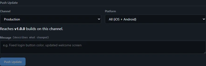 The Push Update card on the OTA Updates tab