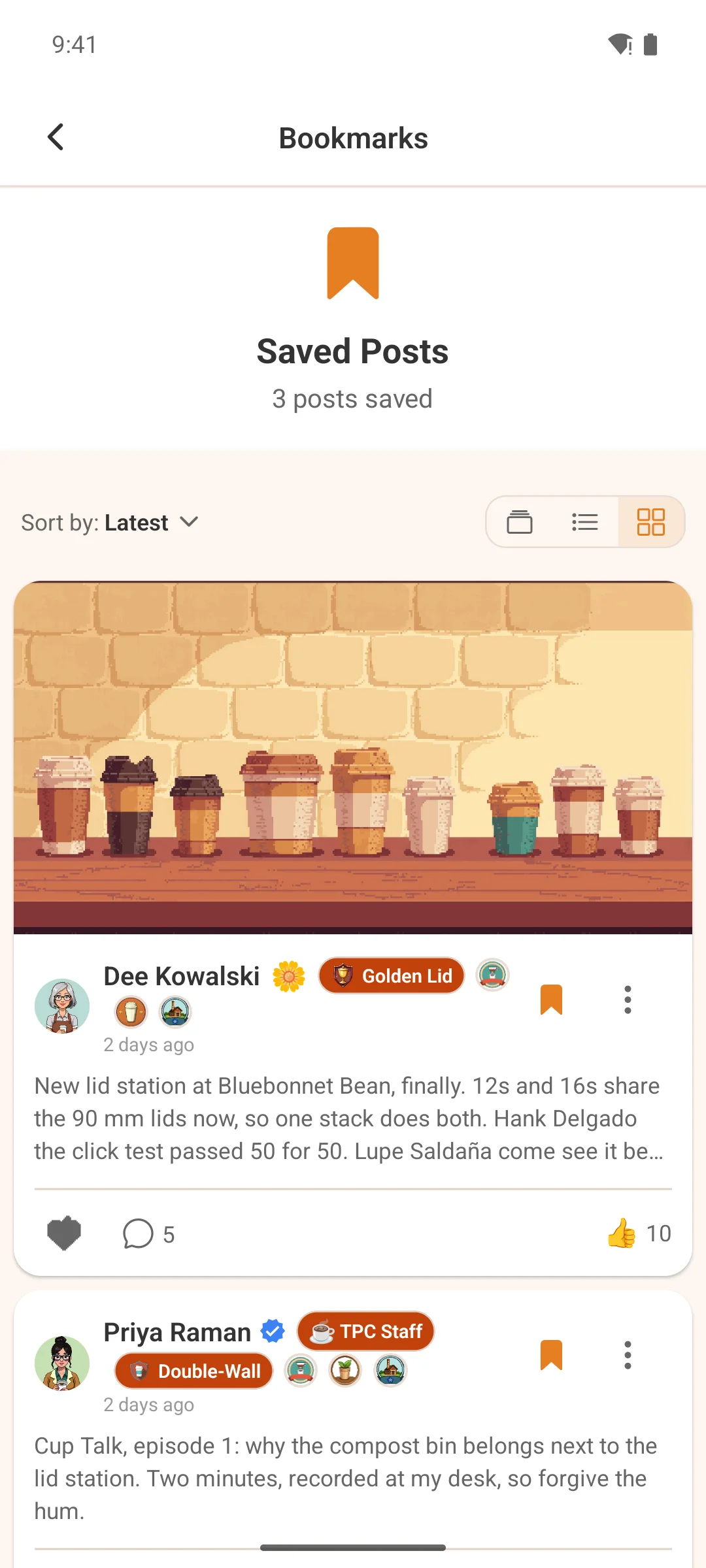 The saved-posts list on a phone
