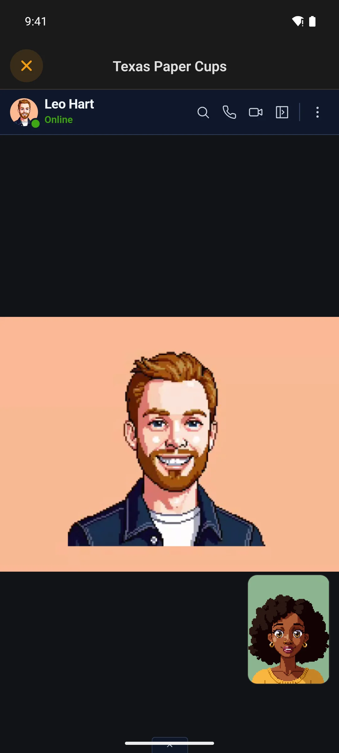 A video call in the app, the other member full screen and your own camera in the corner