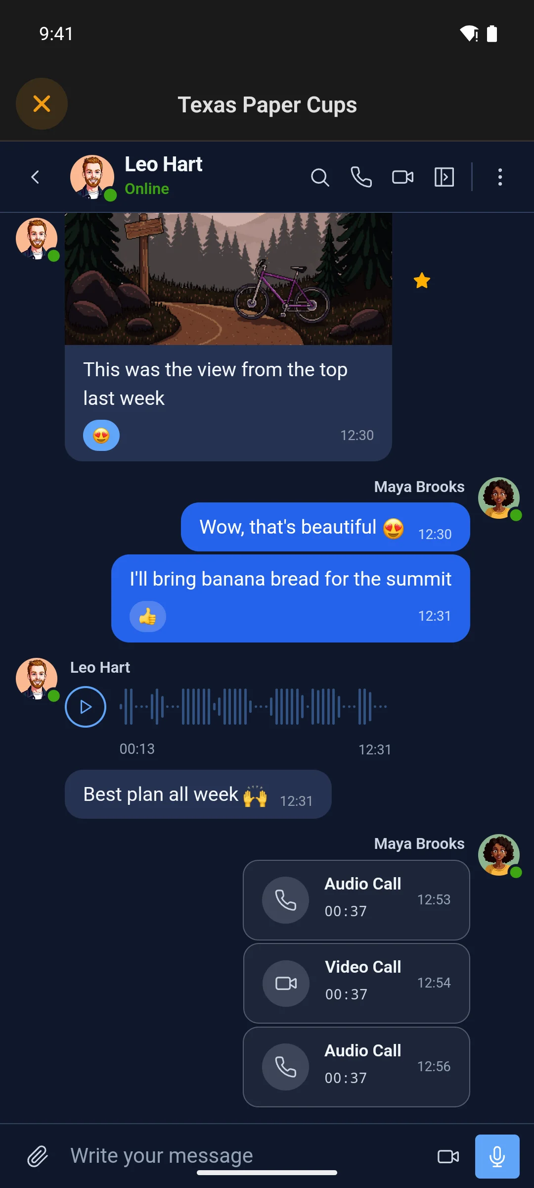 A voice call in the app, with the caller's picture and a running timer