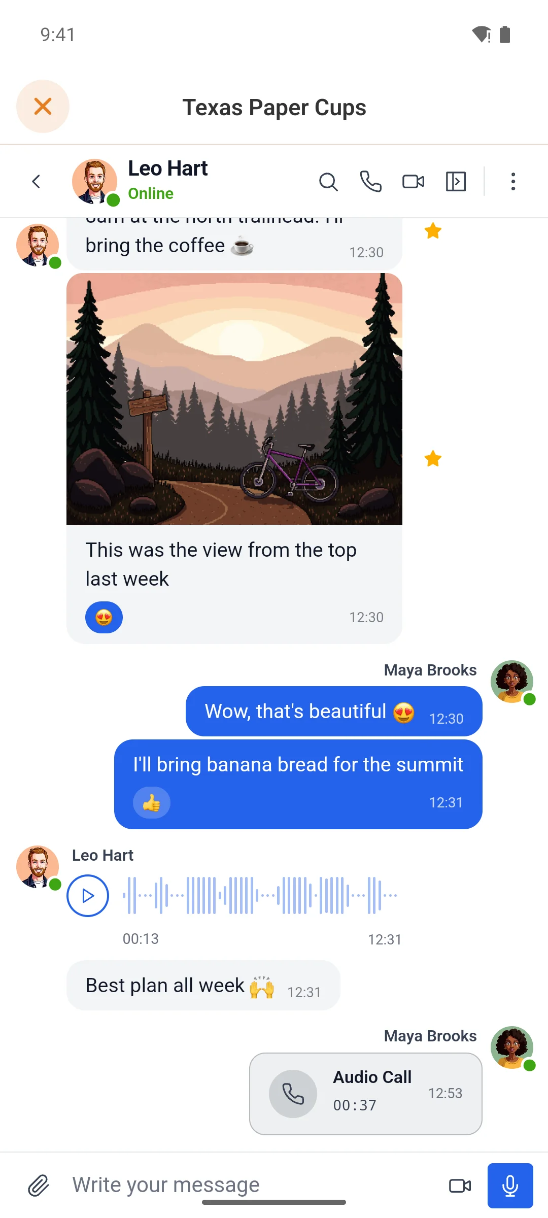 A voice call in the app, with the caller's picture and a running timer