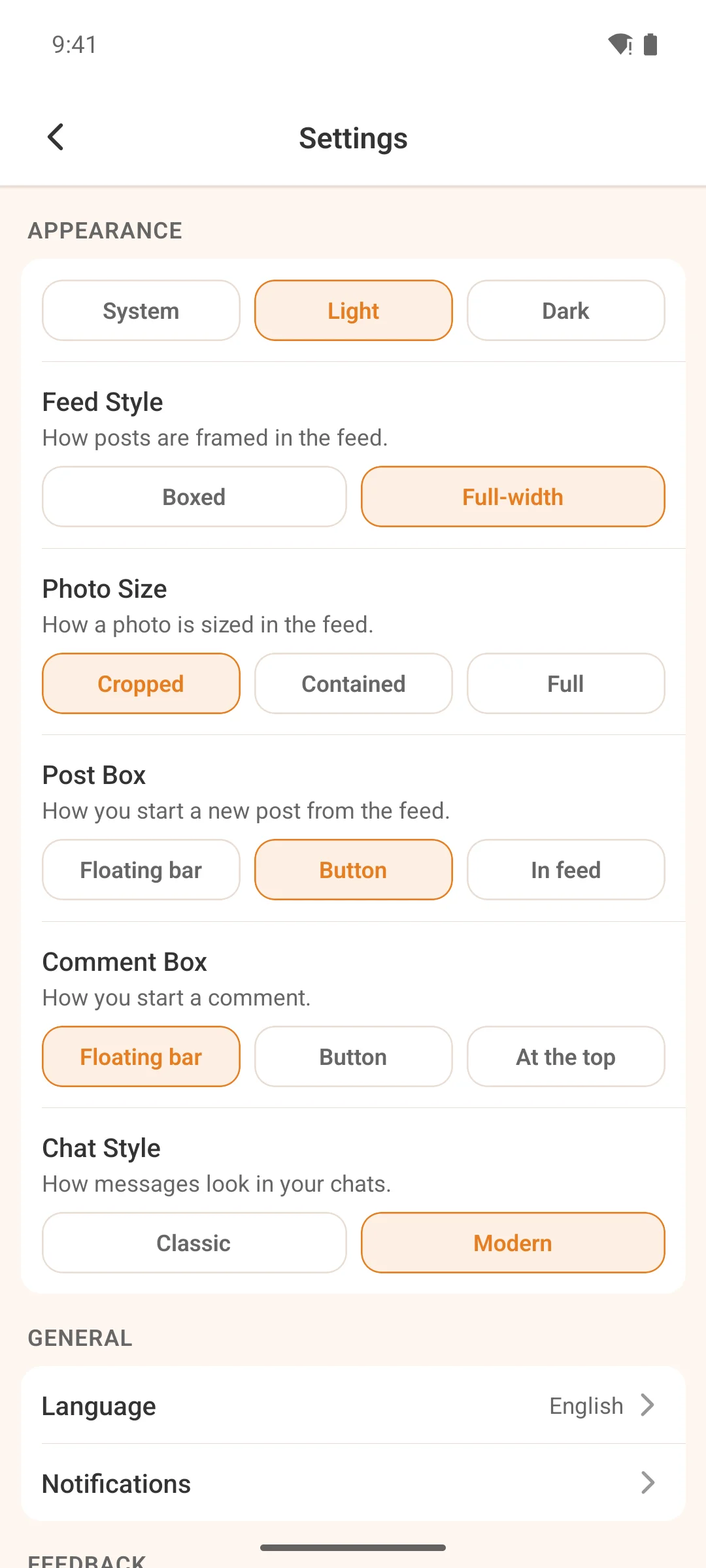 The settings screen on a phone