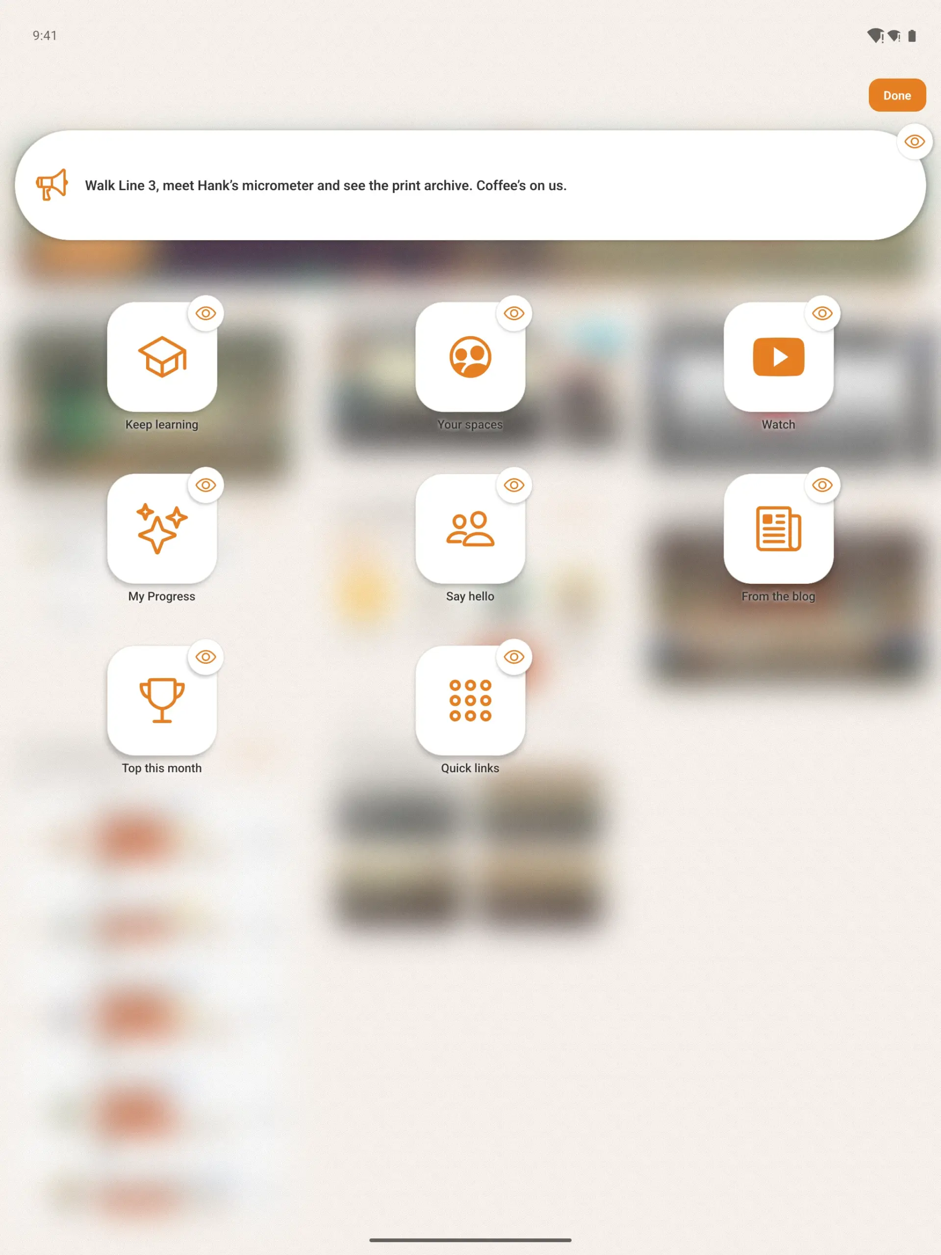 The arrange map on a tablet, its icons in the same columns as the widgets behind