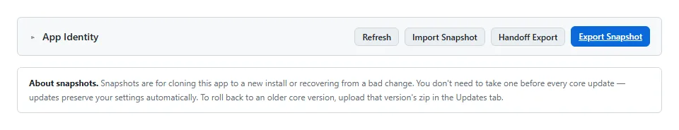 The Snapshot tab, with the project summary ready to export