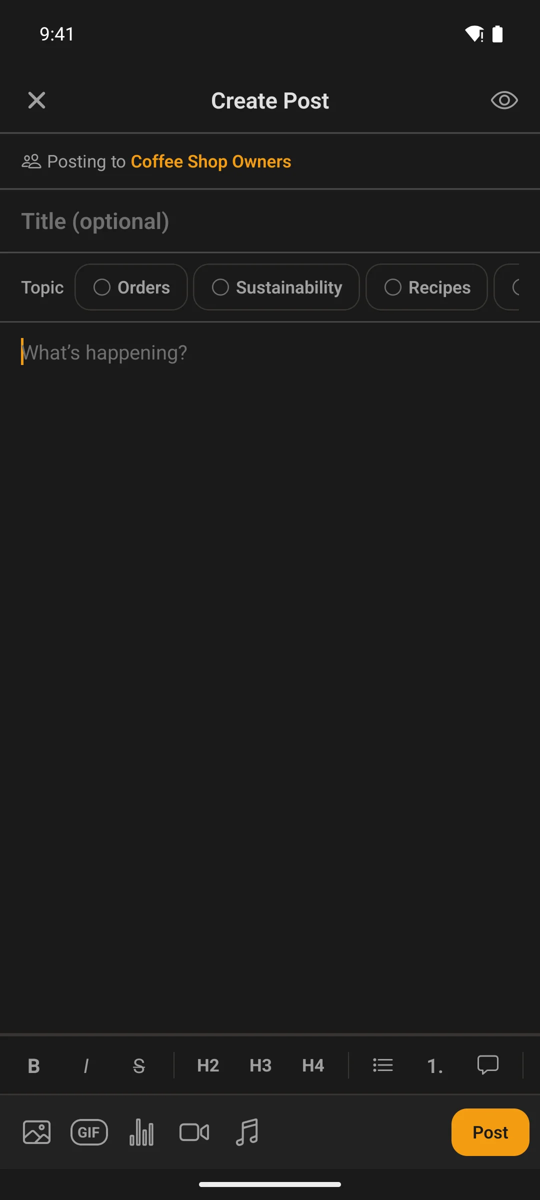 Writing a post in a space on a phone