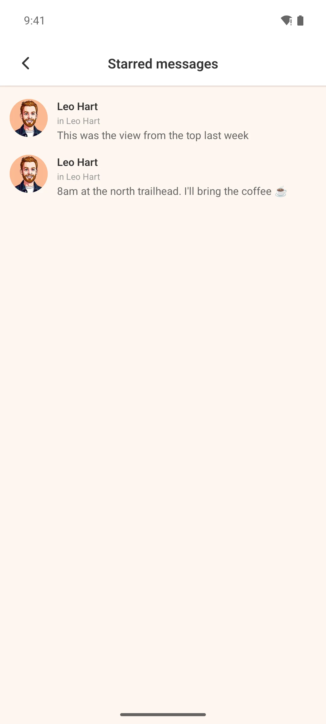 Starred messages in the app, each with who sent it and where