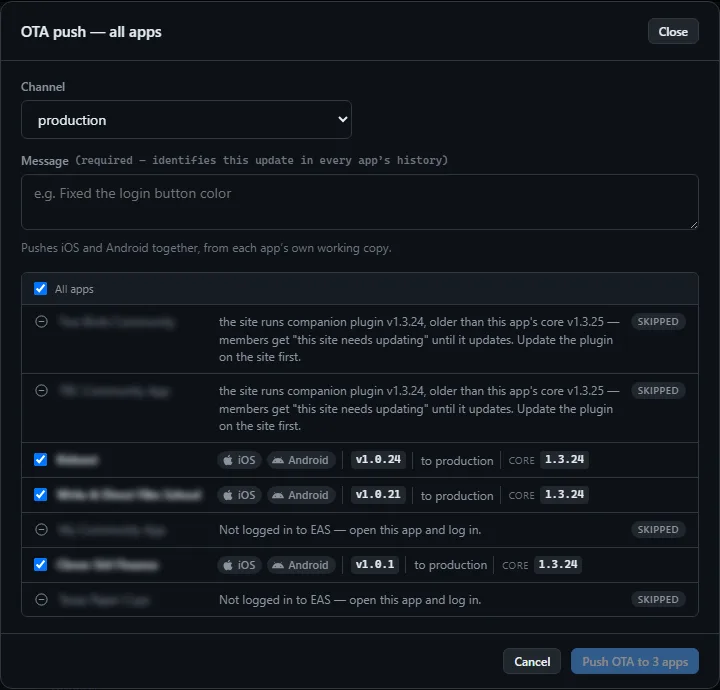 The fleet OTA push dialog, with a channel, a message and the app checklist