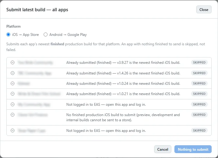 The fleet Submit dialog, listing each app's newest production build
