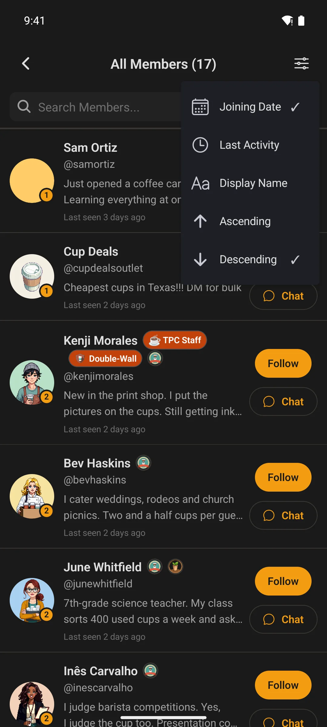 Sorting and filtering the member directory on a phone
