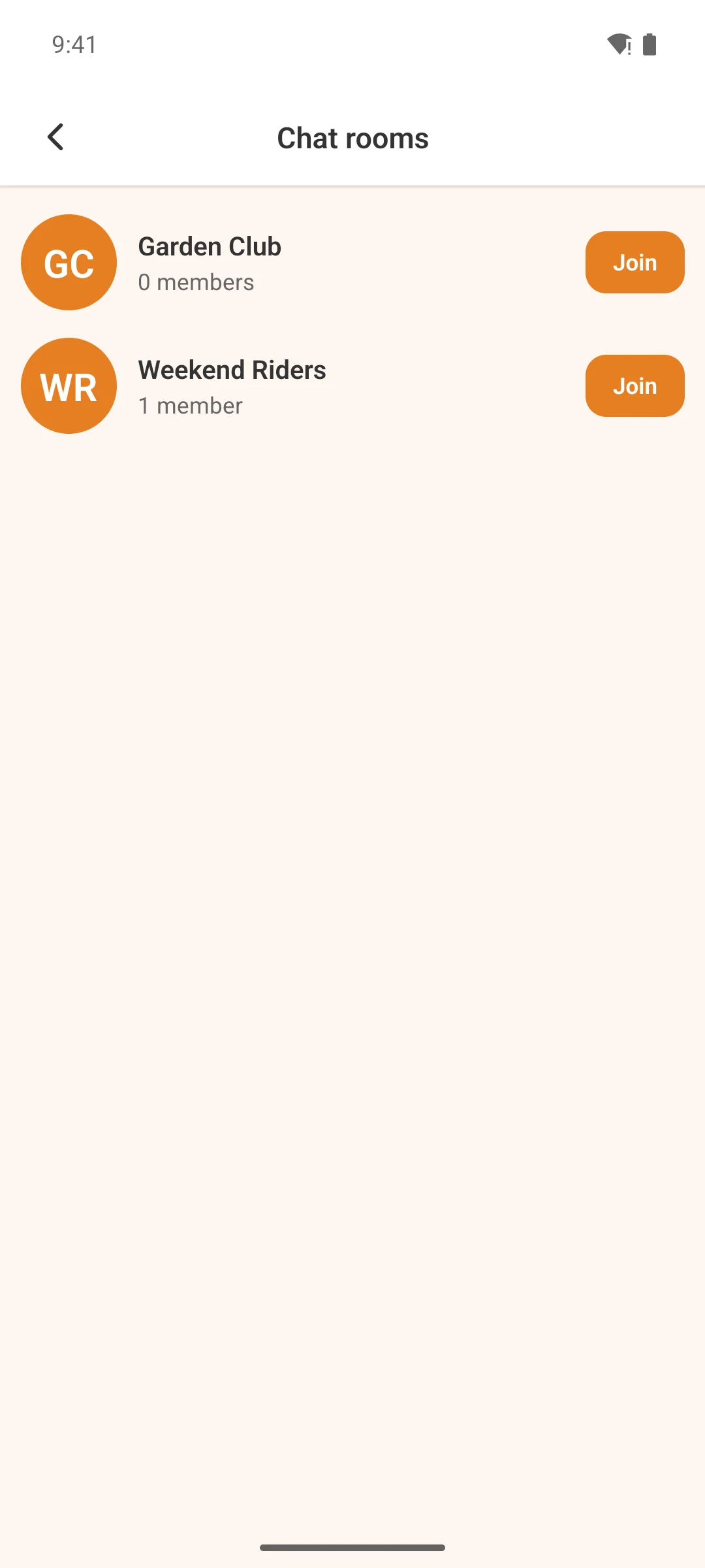 The chat rooms list in the app, with rooms to join