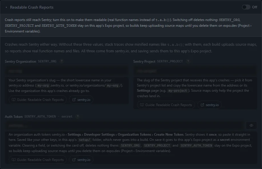 The Readable Crash Reports card, with the Sentry organisation, project and auth token