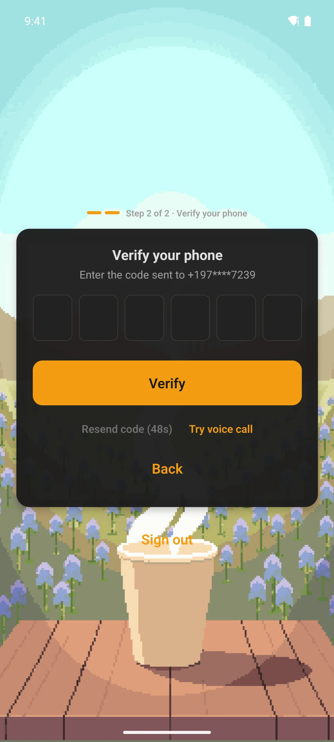 The phone verification step in the app, with six boxes for the code