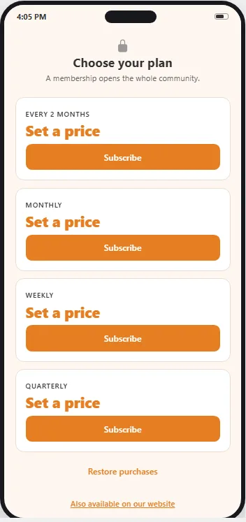 The subscriptions selling screen with its plan cards, on a phone