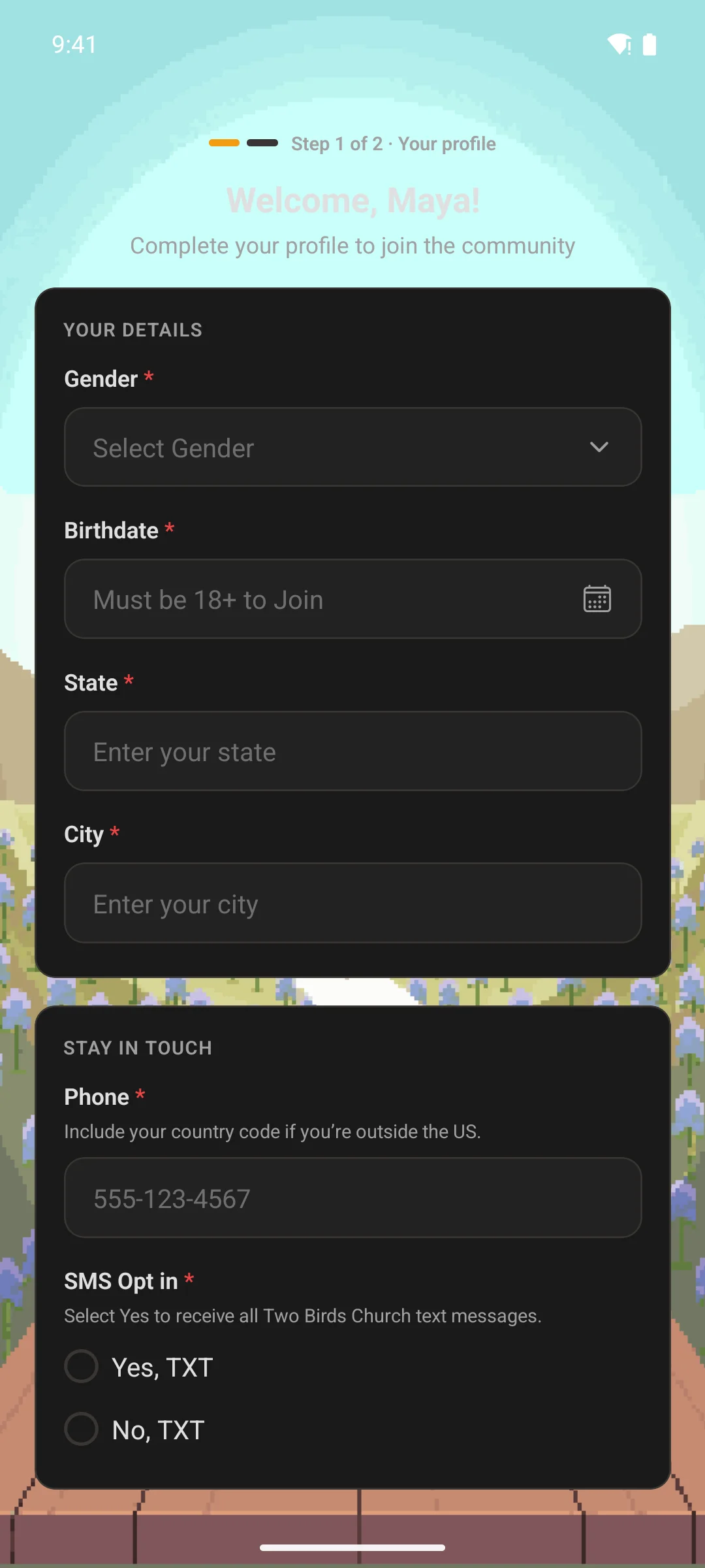 The Profile Completion gate in the app, asking for the community's required fields in two cards