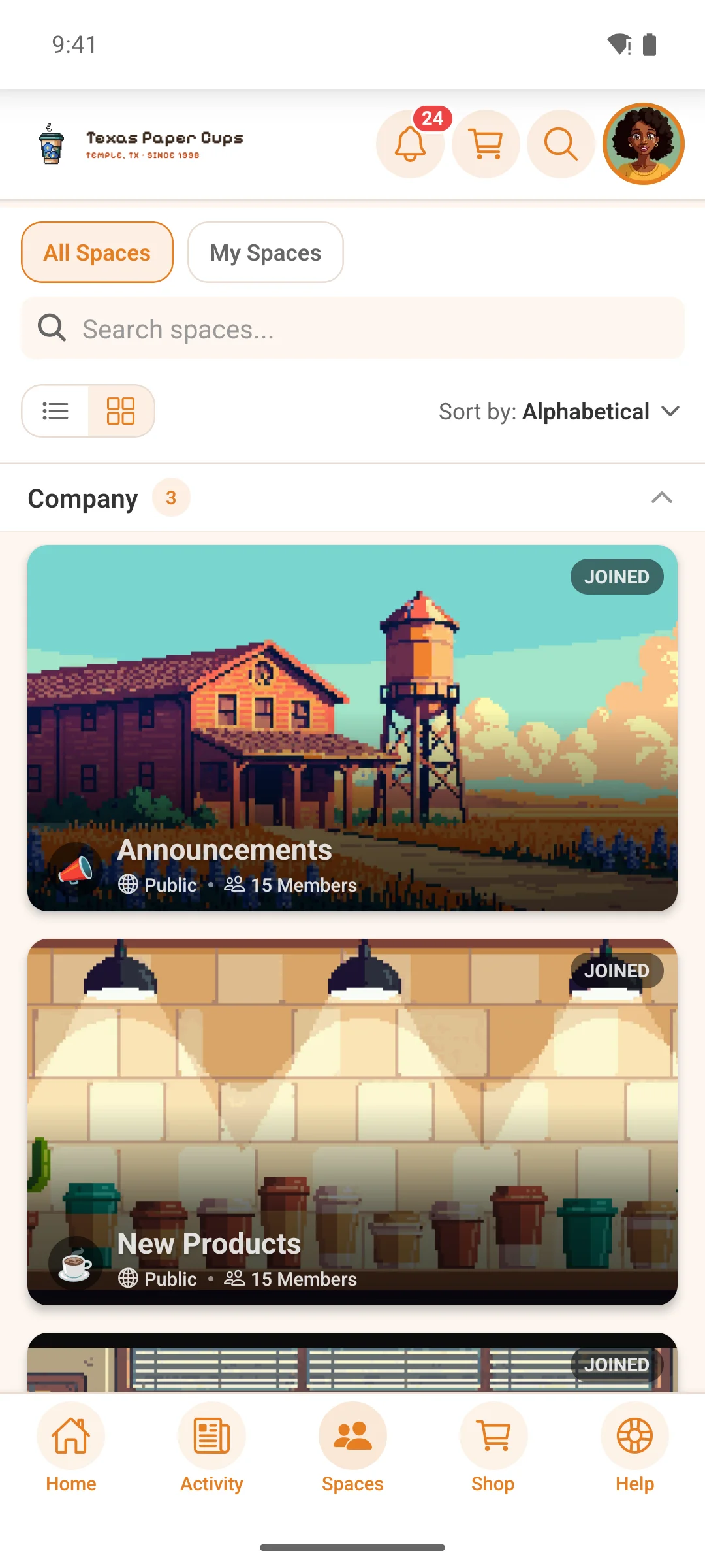 The spaces list on a phone