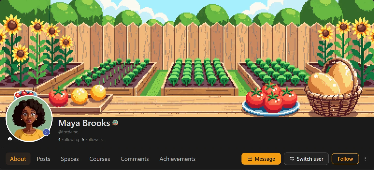 A member profile in the portal with a Switch user button beside the profile tabs