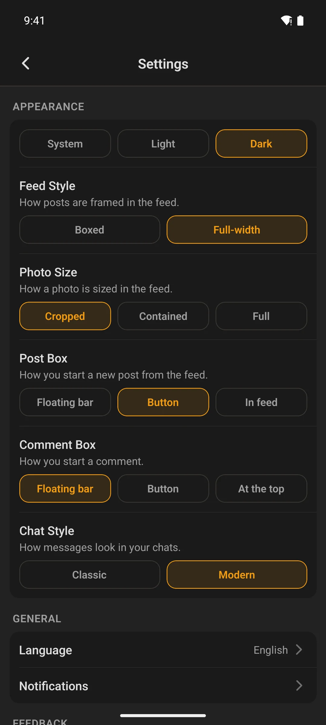 The settings screen on a phone