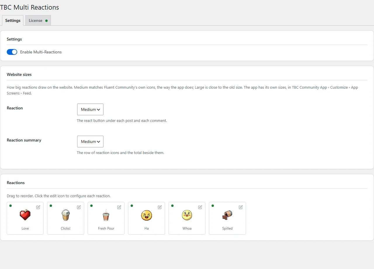 The Multi Reactions settings screen in WordPress