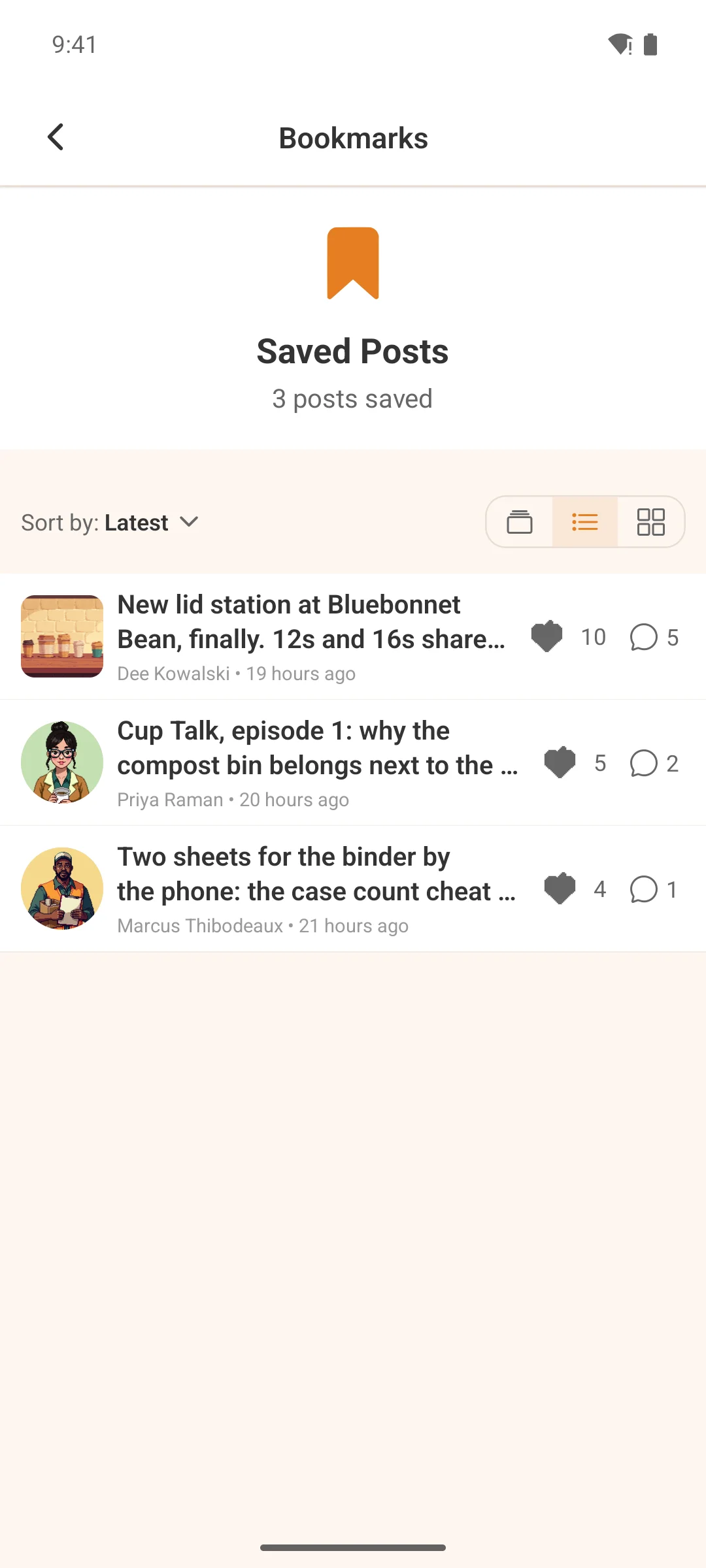 Saved posts in list view on a phone