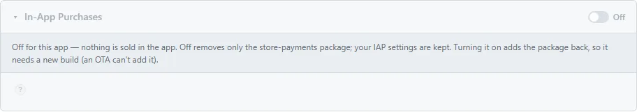 The In-App Purchases card, with the enable switch and the readiness checks