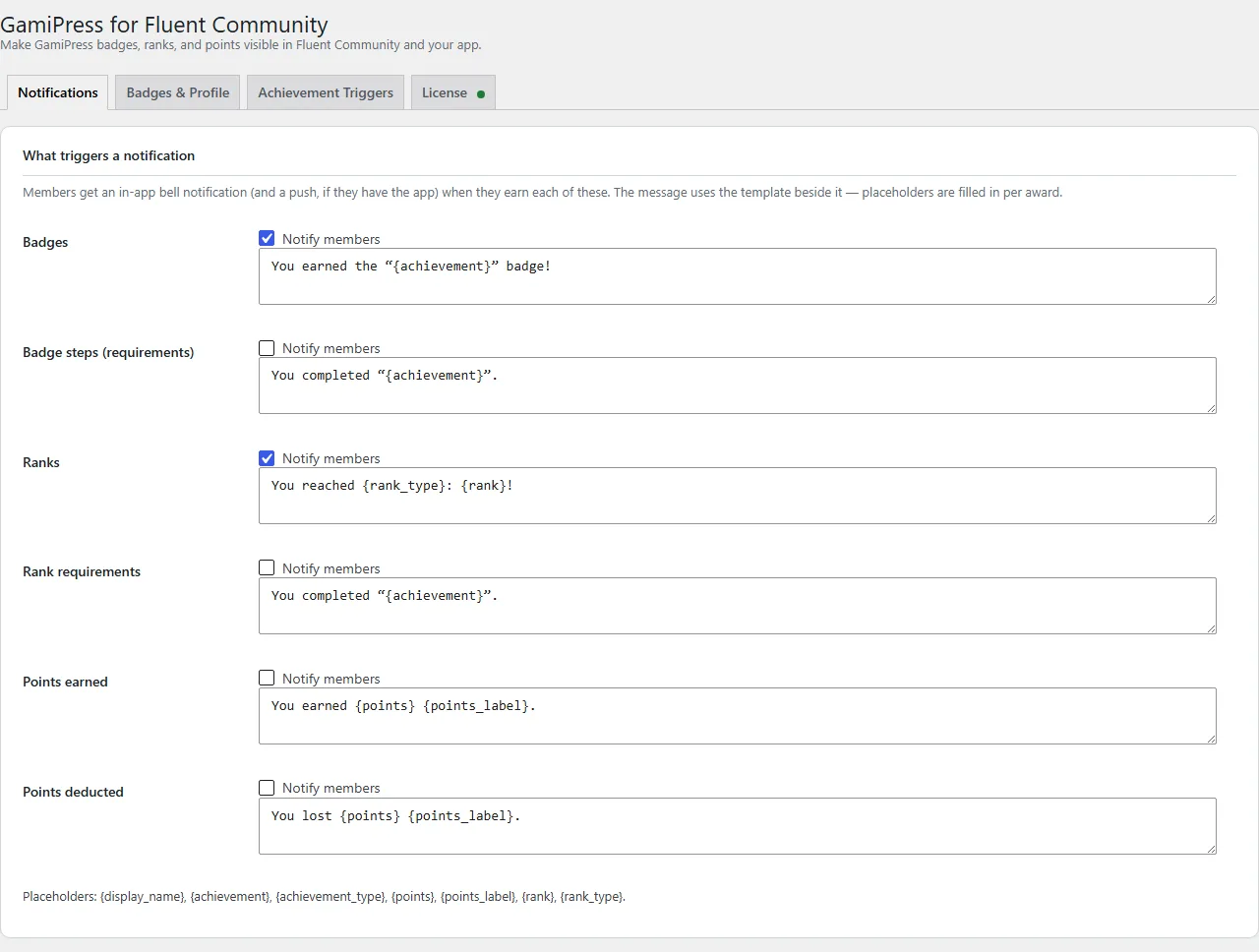The GamiPress add-on settings screen in WordPress