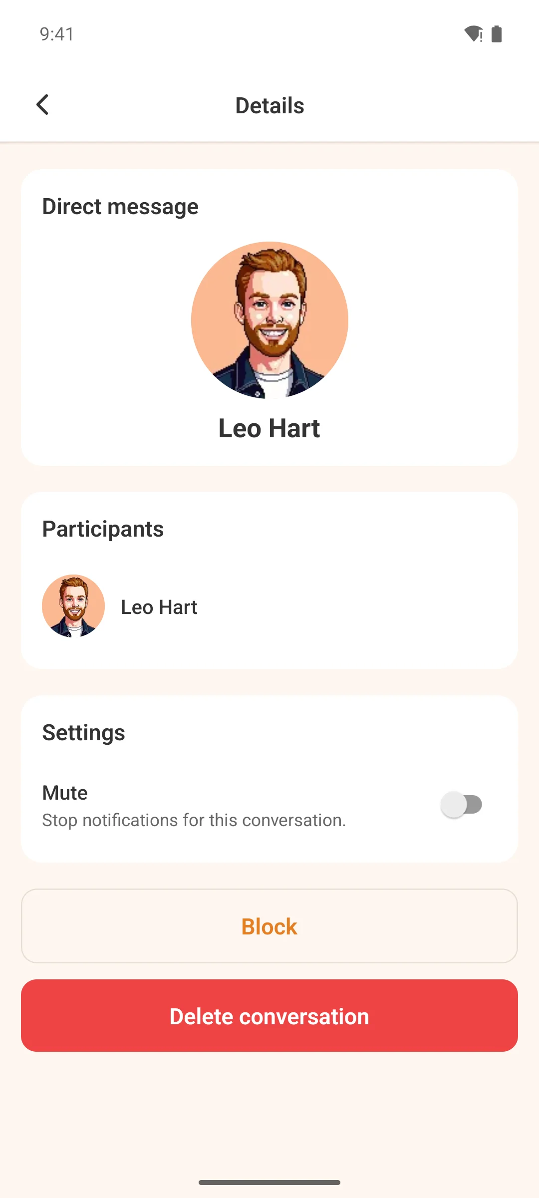 A conversation's details in the app: participants, mute, block and delete