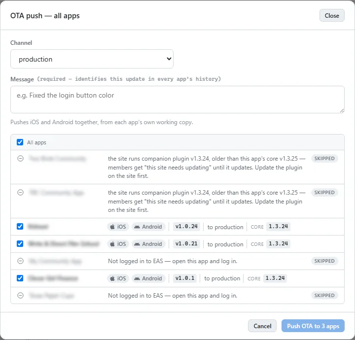 The fleet OTA push dialog, with a channel, a message and the app checklist